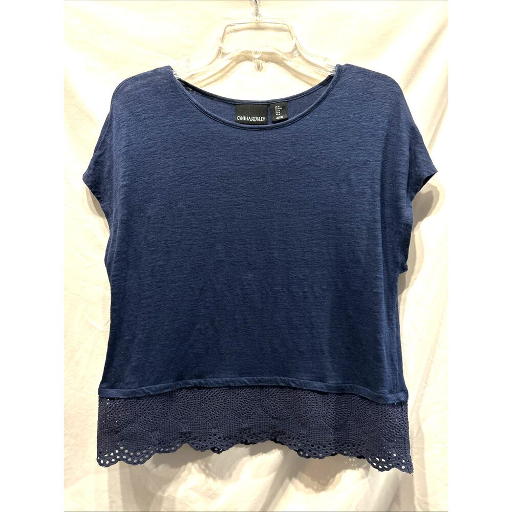 Cynthia Rowley M Blue Linen Shirt Eyelet Hem Accent Dolman Sleeve Beach Coastal